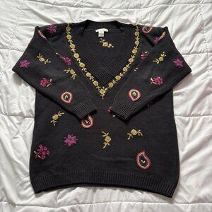 Vintage 80s 90s Womens Size Medium Black Floral Sweater Holiday Fall V Neck